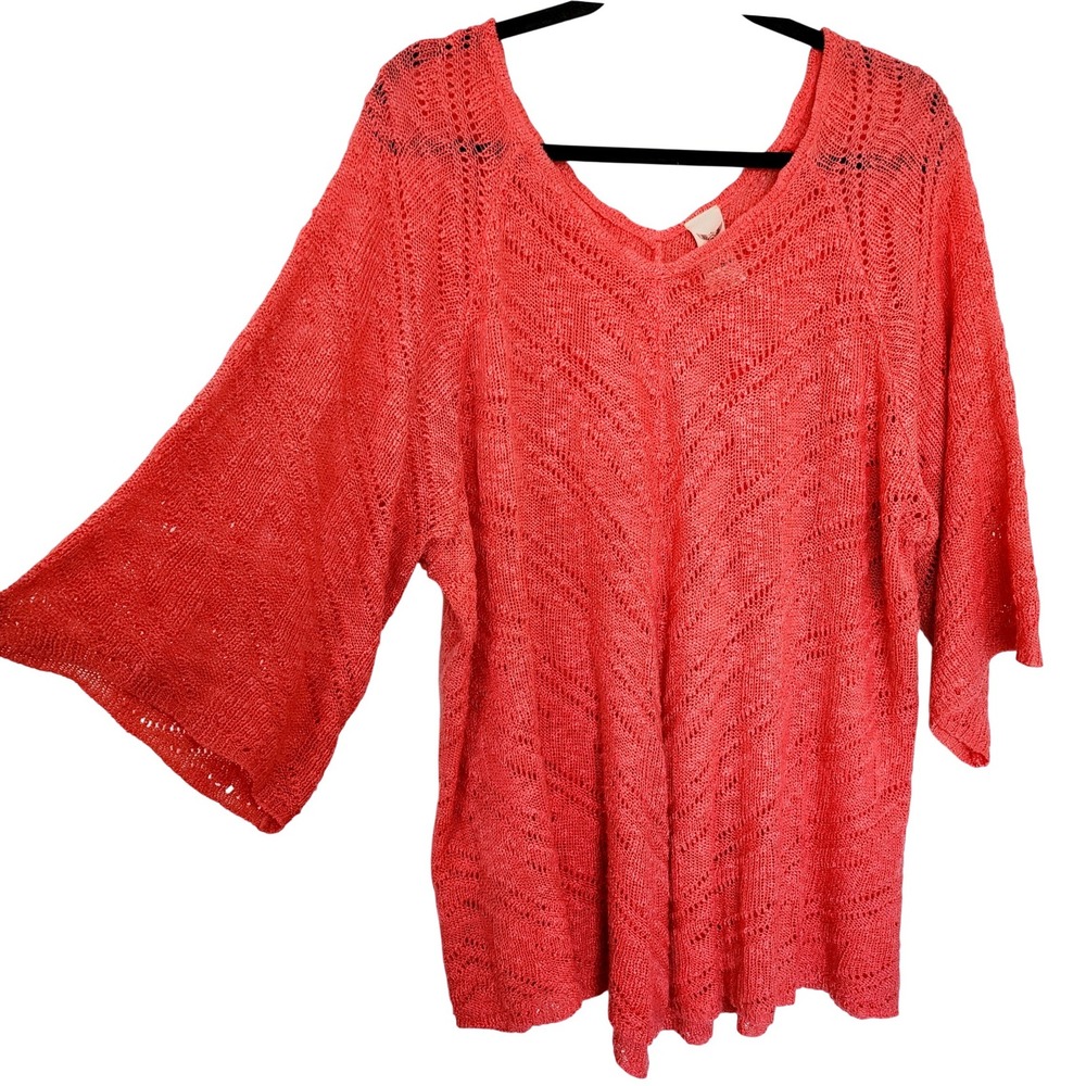 Faded Glory Cosmo Coral Pointelle Knit V-Neck Kimono Sleeve Sweater Top 4X Plus